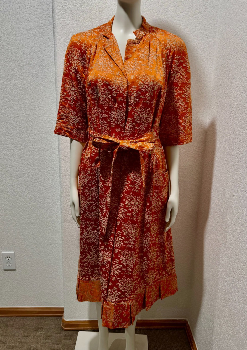 Vintage Asian Tapestry Robe Belted Kimono Loungewear Dressing Gown Orange M